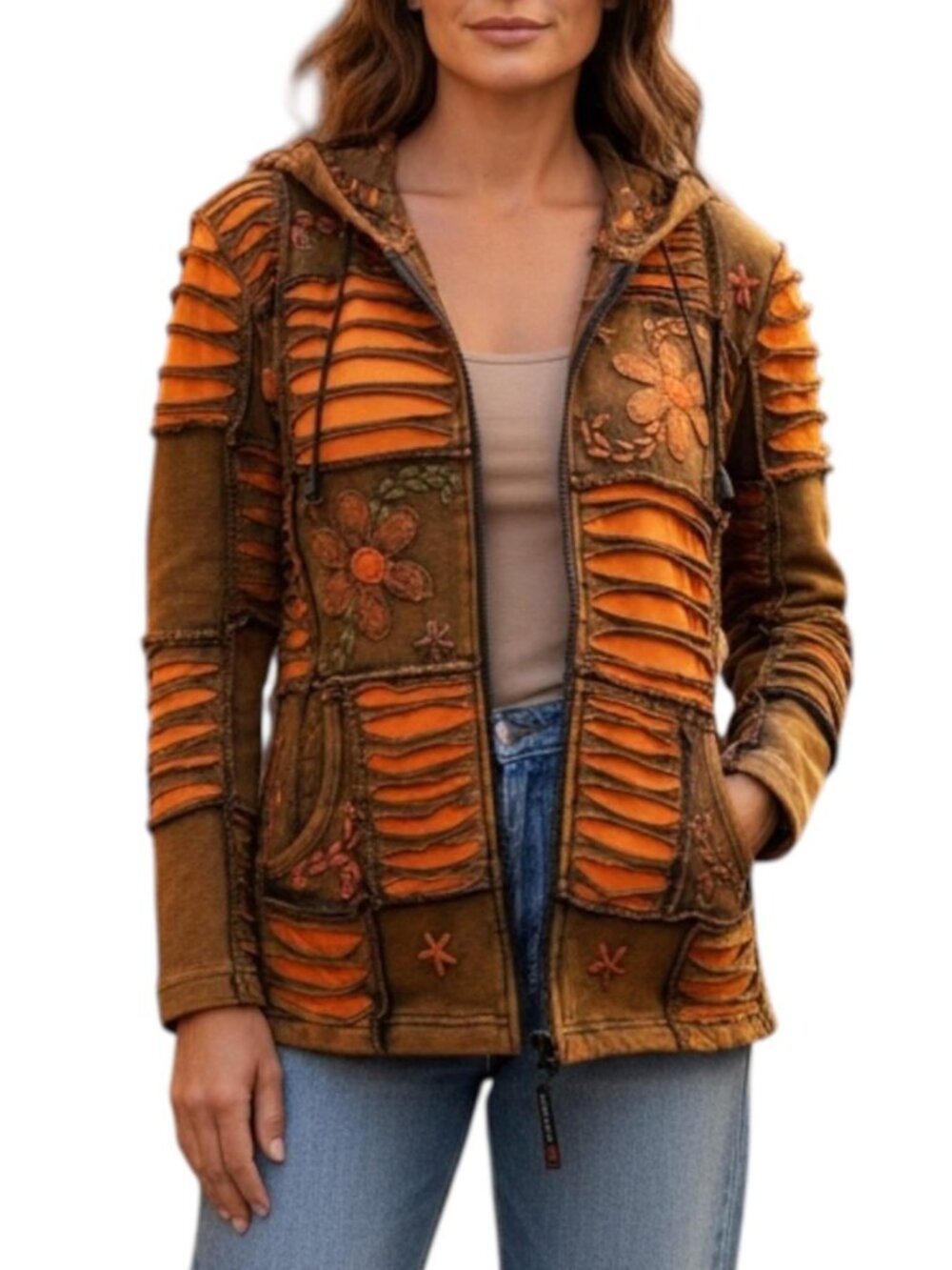 Agan Embroidered Hoodies for Women, Patched Tie-Dye Zip-Up Women's Jackets